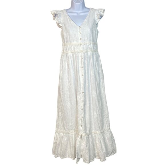 Rachel Zoe White Eyelet Lace Maxi Dress W/ Ruffle Sleeves & Button Front Size 4 - Picture 1 of 11